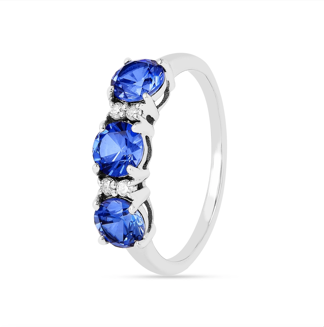 Silver Ceylon Lab-Grown Blue Sapphire Three Stone Ring