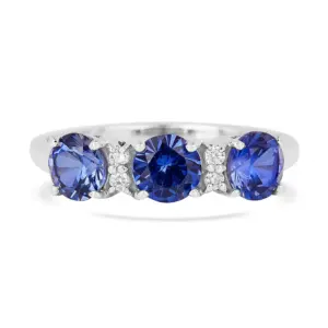 Silver Ceylon Lab-Grown Blue Sapphire Three Stone Ring