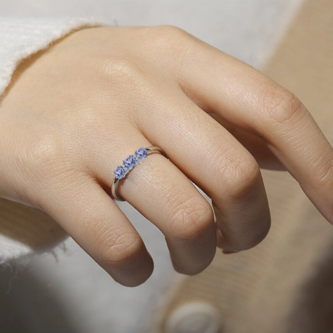 Natural Aquamarine Three Stone Ring in Sterling Silver