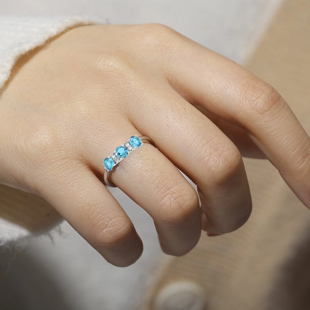 Sterling Silver Natural Blue Topaz Three Stone Ring - Image 6