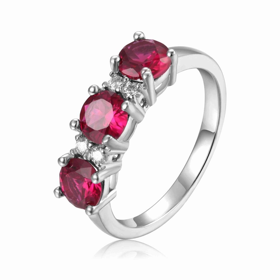 Created Ruby Sterling Silver Three Stone Moissanite Ring
