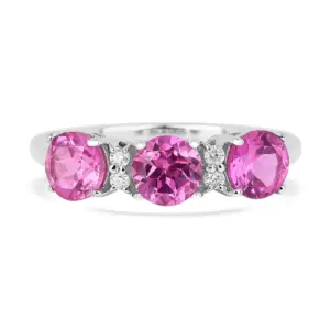 Sterling Silver Created Pink Sapphire Three Stone Ring