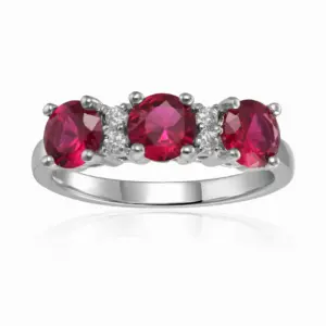 Created Ruby Sterling Silver Three Stone Moissanite Ring